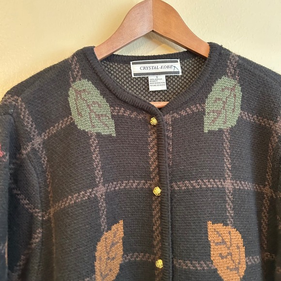 Vintage Fall Leaf Grid Crystal Kobe Oversized Sweater Cardigan Cozycore - Picture 7 of 12